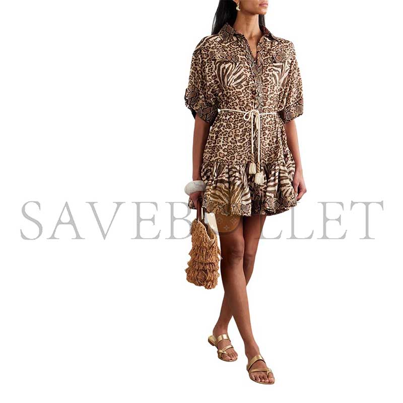 ZIMMERMANN WANDERLUST LANTERN BELTED PRINTED COTTON MINI DRESS 